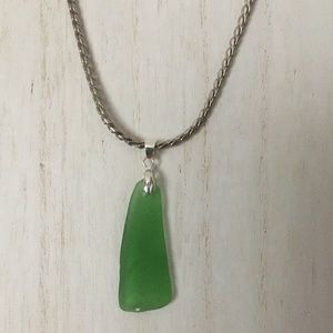 Kelly Green sea glass pendant on silver 18” chain